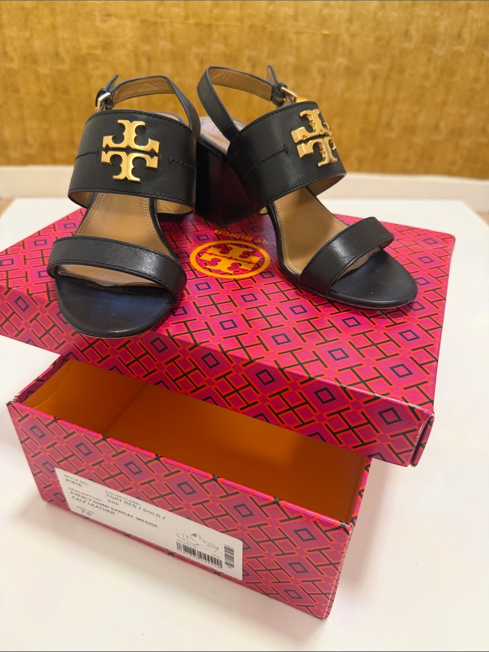 Tory Burch Black Leather Gold-Logo Slingback Heels